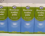 Cztery opakowania płynu Lugola, roztworu wodnego jodu, każdy po 40 g.