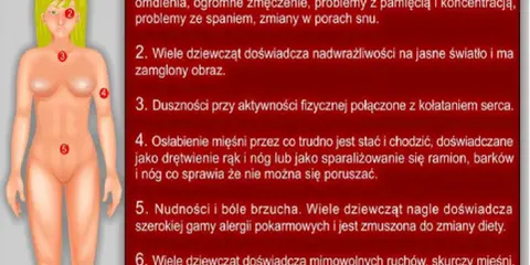 Ilustracja przedstawia schematyczne ciało kobiety z zaznaczonymi punktami, opisującymi potencjalne skutki uboczne po szczepieniu HPV: bóle głowy, omdlenia, problemy z koncentracją, nadwrażliwość na światło, duszności, osłabienie mięśni, nudności, alerg...