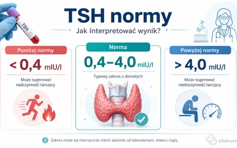 Norma TSH dla 40-latki: poniżej 0,4 mlU/I (nadczynność), 0,4-4,0 mlU/I (norma), powyżej 4,0 mlU/I (niedoczynność).