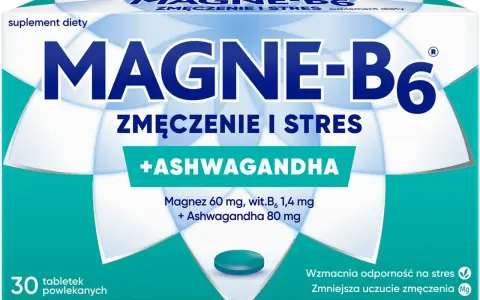 Magne b6 na co pomaga? Opakowanie suplementu diety Magne-B6 z ashwagandhą, wskazane na zmęczenie i stres. 30 tabletek.