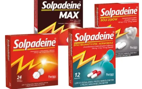 Opakowania leków Solpadeine z paracetamolem, kodeiną i kofeiną w tabletkach i kapsułkach. Pomoc w bólu zębów, reumatycznym i gorączce.