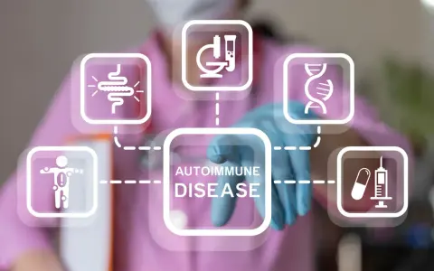 Grafika przedstawia schemat chorób autoimmunologicznych z ikonami: jelita, mikroskop, DNA, ciało ludzkie i leki.
