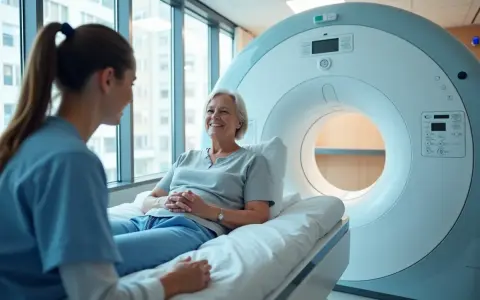Uśmiechnięta pacjentka leży na łóżku obok aparatu PET. Pielęgniarka wyjaśnia, ile trwa badanie PET, uspokajając ją przed procedurą.