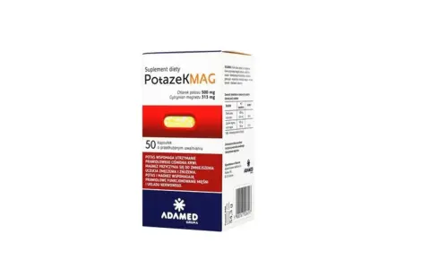 Opakowanie suplementu diety PotazeKMag, zawierające 50 kapsułek. Potas i magnez wspierają prawidłowe ciśnienie krwi, zmniejszają zmęczenie i wspierają mięśnie.