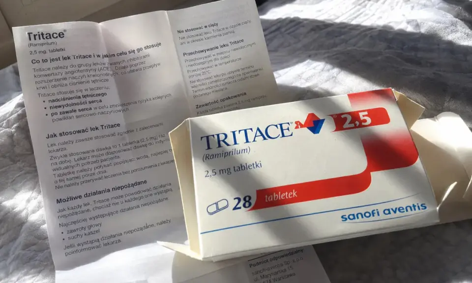 Opakowanie leku Tritace 2,5 mg, ulotka informacyjna. Lek stosowany w leczeniu nadciśnienia i niewydolności serca.