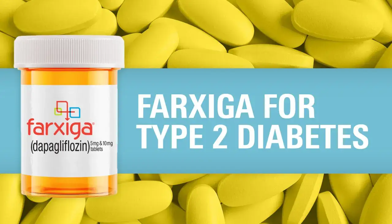 Farxiga na co? Lek Farxiga (dapagliflozyna) w tabletkach na cukrzycę typu 2. Tło z żółtymi tabletkami.