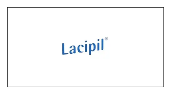 Niebieski napis "Lacipil" na białym tle. Czy to lek na problemy z sercem?