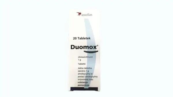 Opakowanie leku Duomox 1g, zawierające 20 tabletek. Stosowany na infekcje bakteryjne.