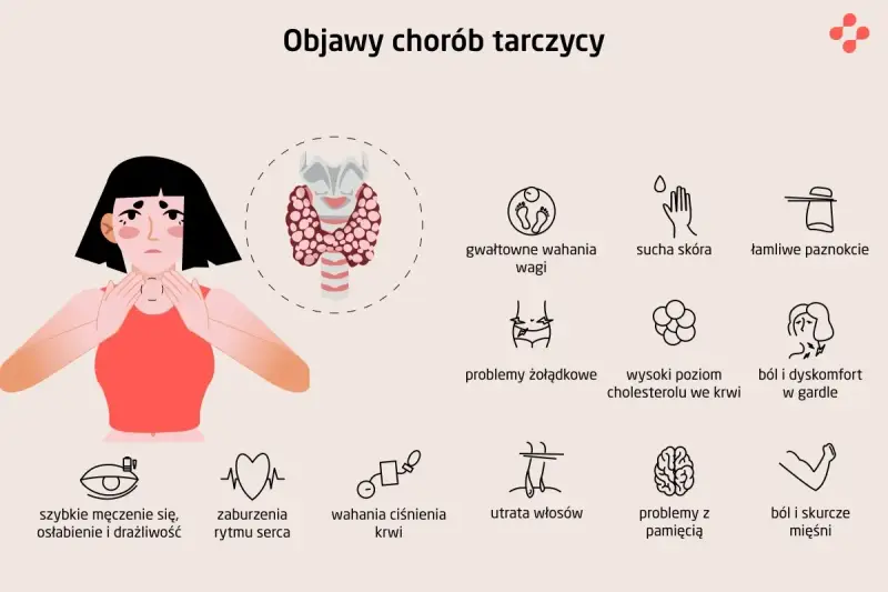 Ilustracja przedstawia objawy chorej tarczycy: zmęczenie, problemy z wagą, skórą, paznokciami, żołądkiem, sercem, włosami, pamięcią i mięśniami.